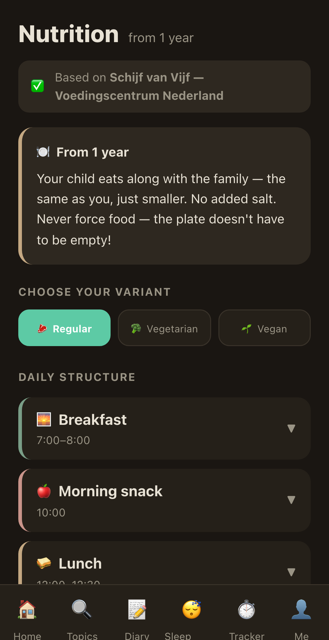 RaisingSmall nutrition planner with regular, vegetarian and vegan variants
