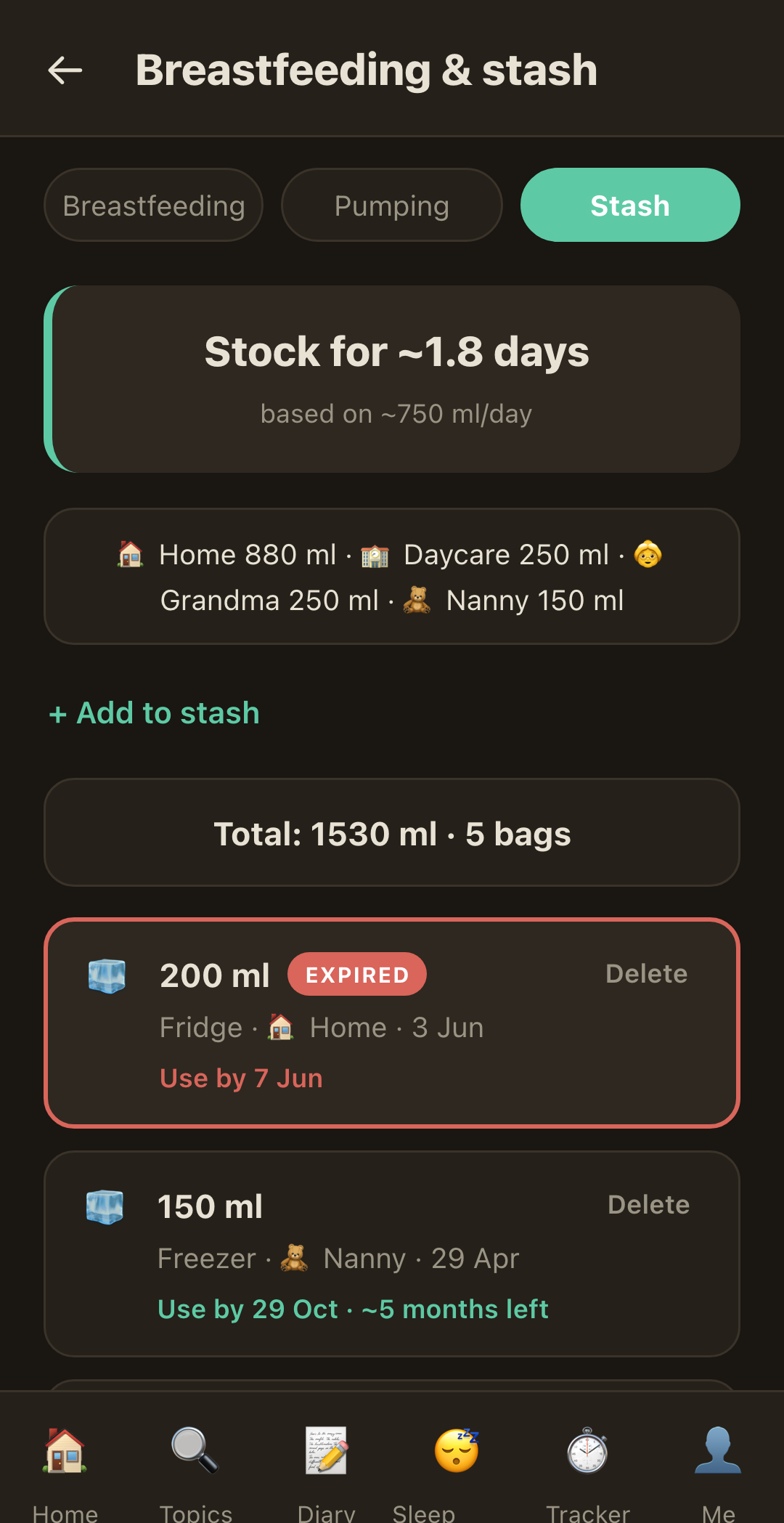 RaisingSmall expressed milk stash with locations, use-by dates and estimated days remaining