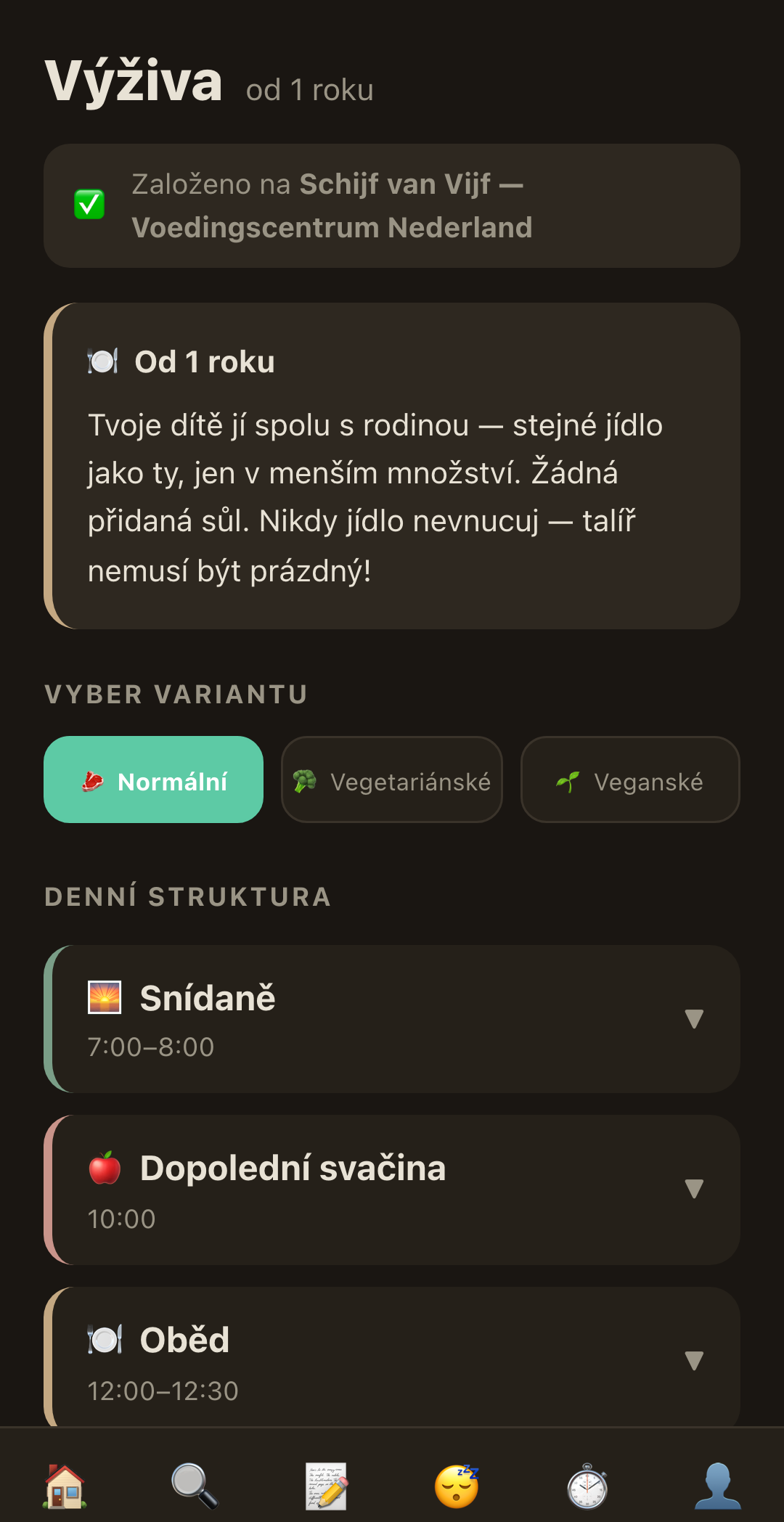 Plán výživy v RaisingSmall s běžnou, vegetariánskou a veganskou variantou
