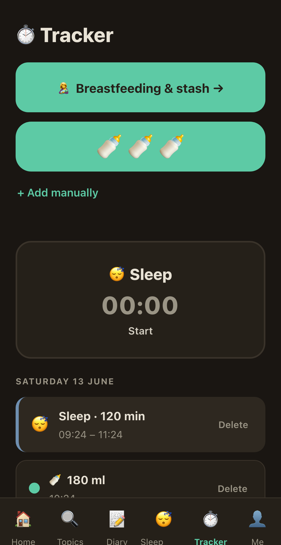 RaisingSmall sleep tracker screen