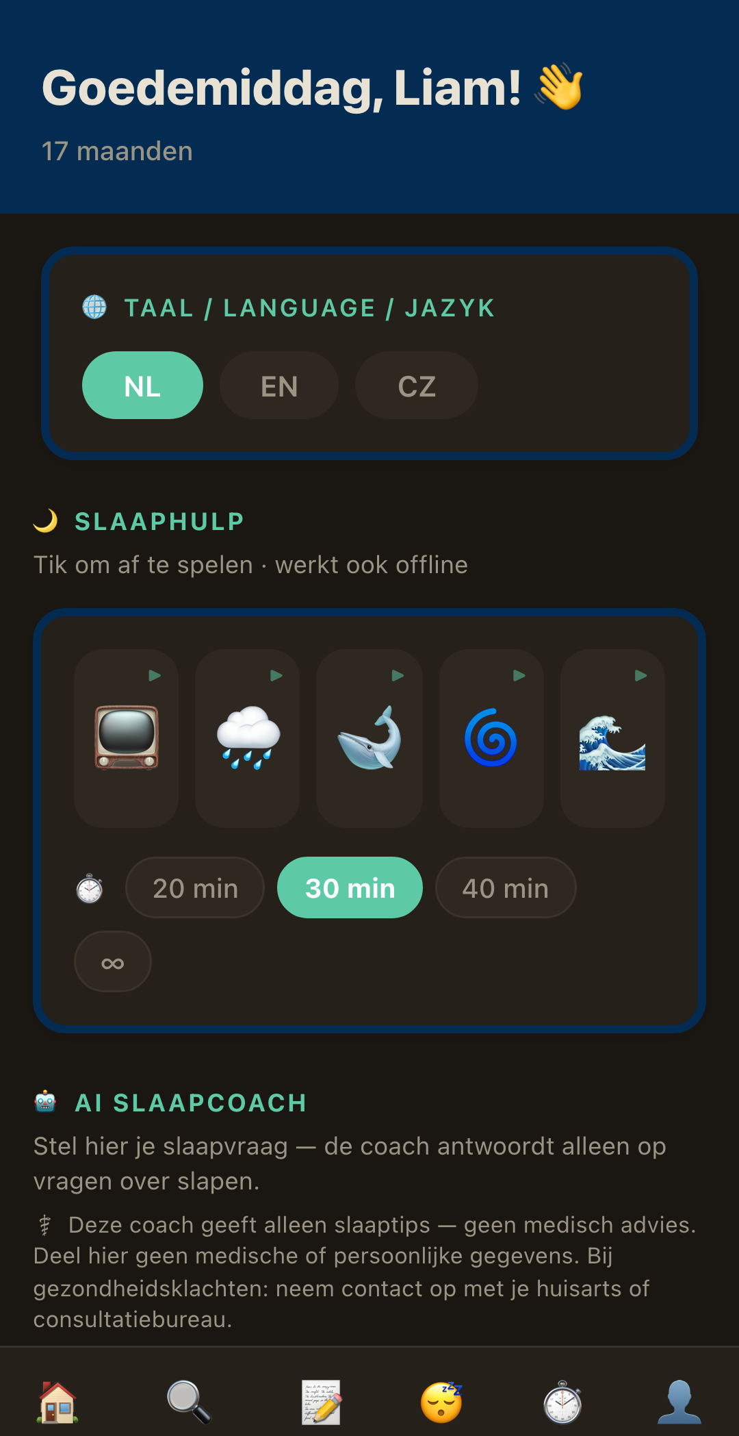RaisingSmall-startscherm met hulpmiddelen voor slaap, voeding en ontwikkeling